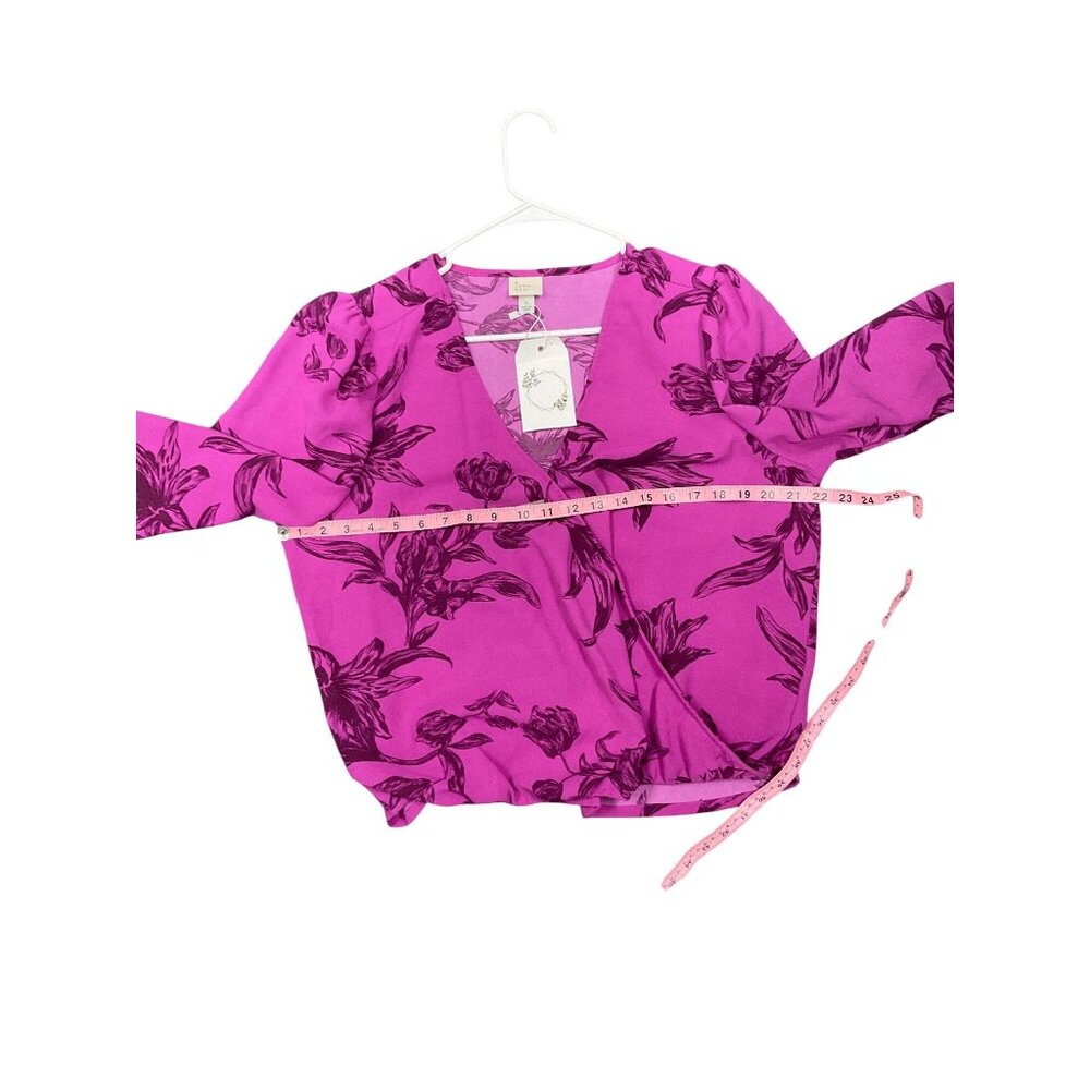 Floral V-Neck Wrap Blouse Long Sleeve Purple Black Lightweight A New Day Size L - Picture 8 of 8